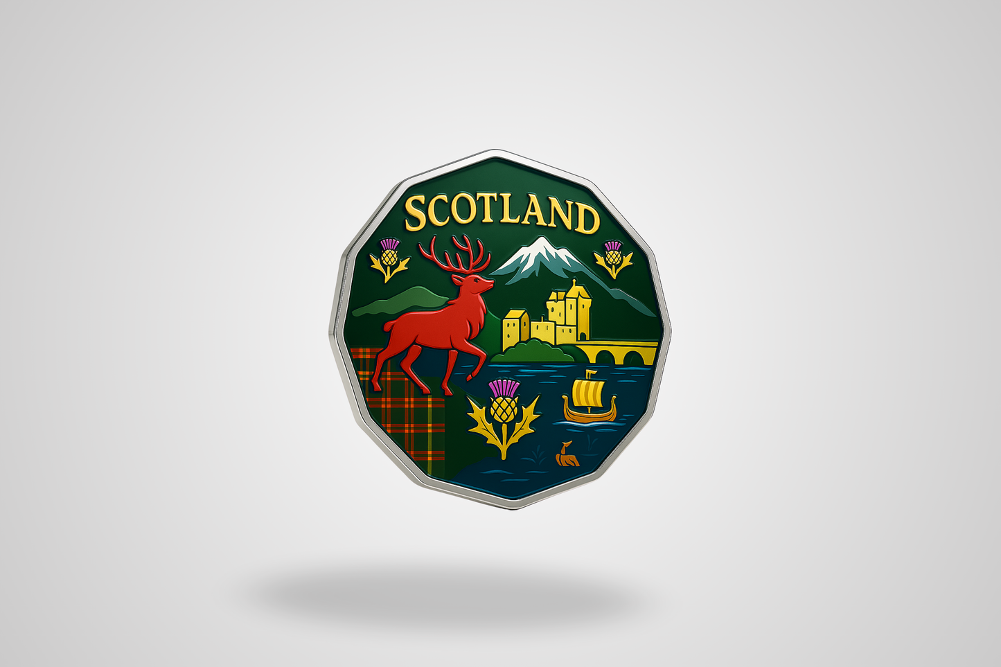 A photo of an English trolley coin with full-color printing