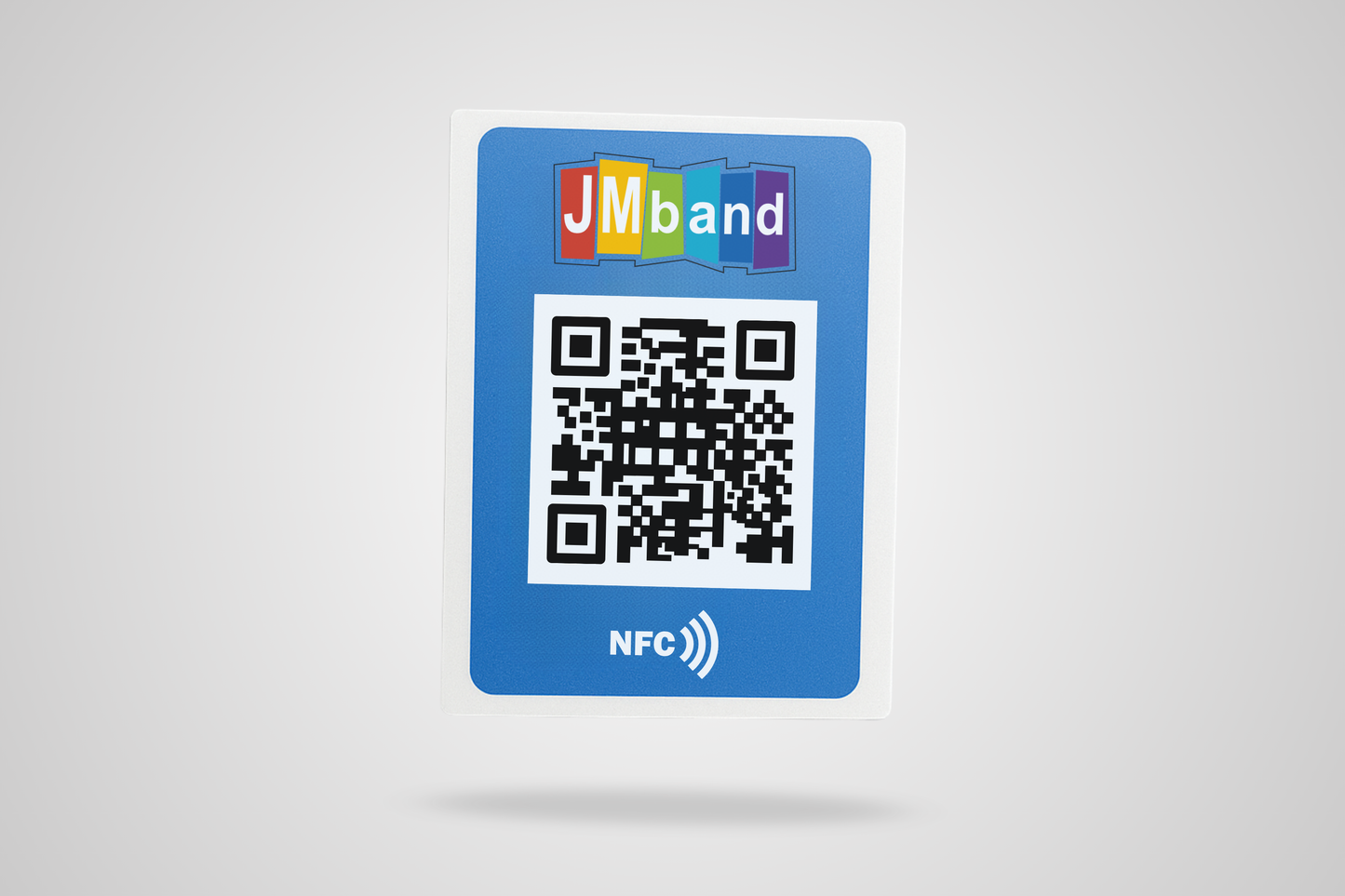 A photo of square NFC stickers with QR code and print