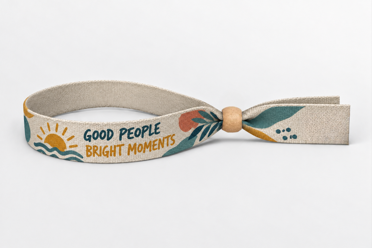 Beige bamboo fabric wristband with colourful print and wooden lock