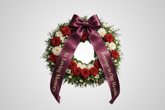 Eco-friendly satin print bouquet ribbon in bordeaux with custom design from JM Band®.