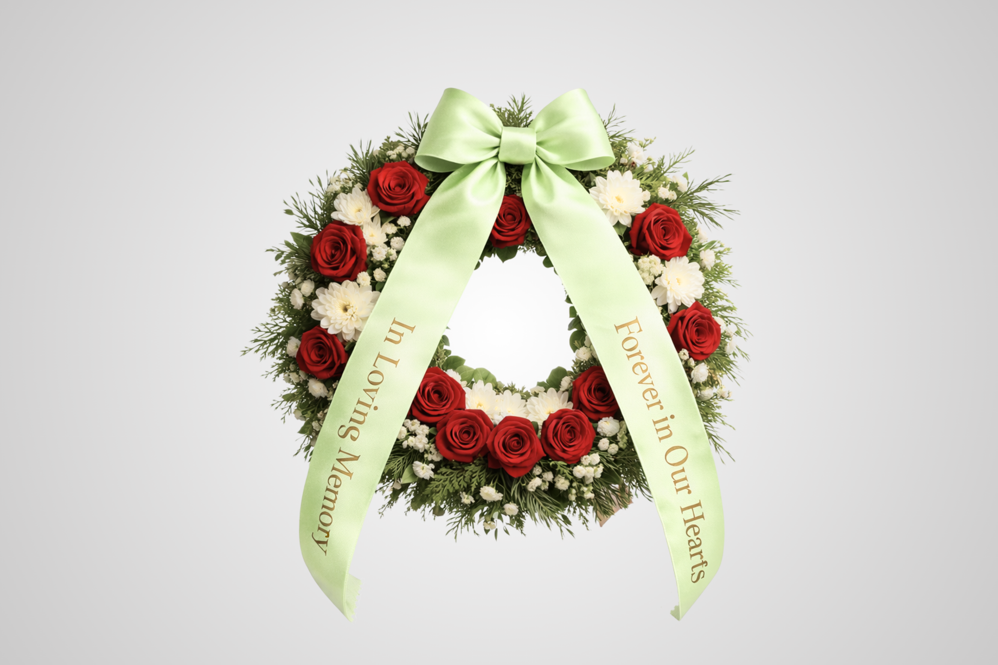 Eco-friendly light green satin print bouquet ribbon with custom design from JM Band®.