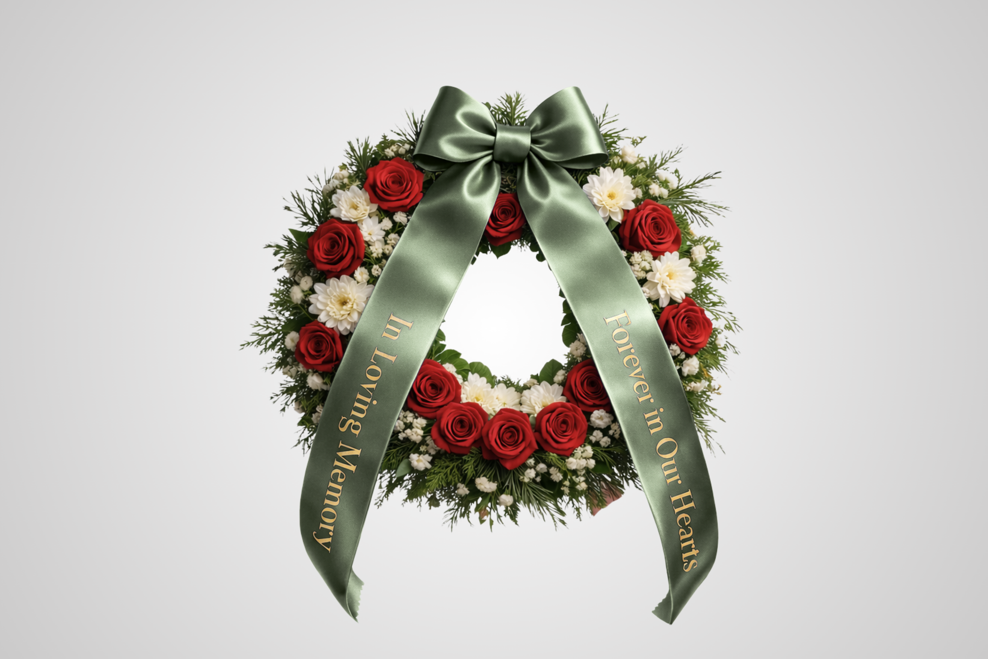 Custom printed eco-friendly satin bouquet ribbon in moss green from JM Band®.