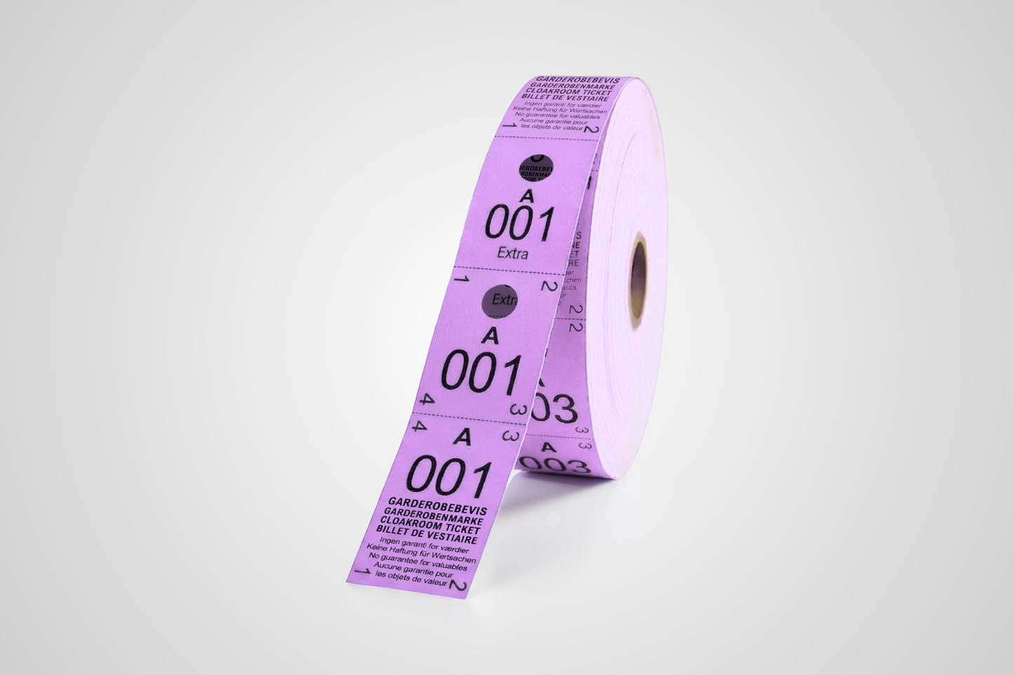 Cloakroom tickets 3-parts in purple color 500 pieces.