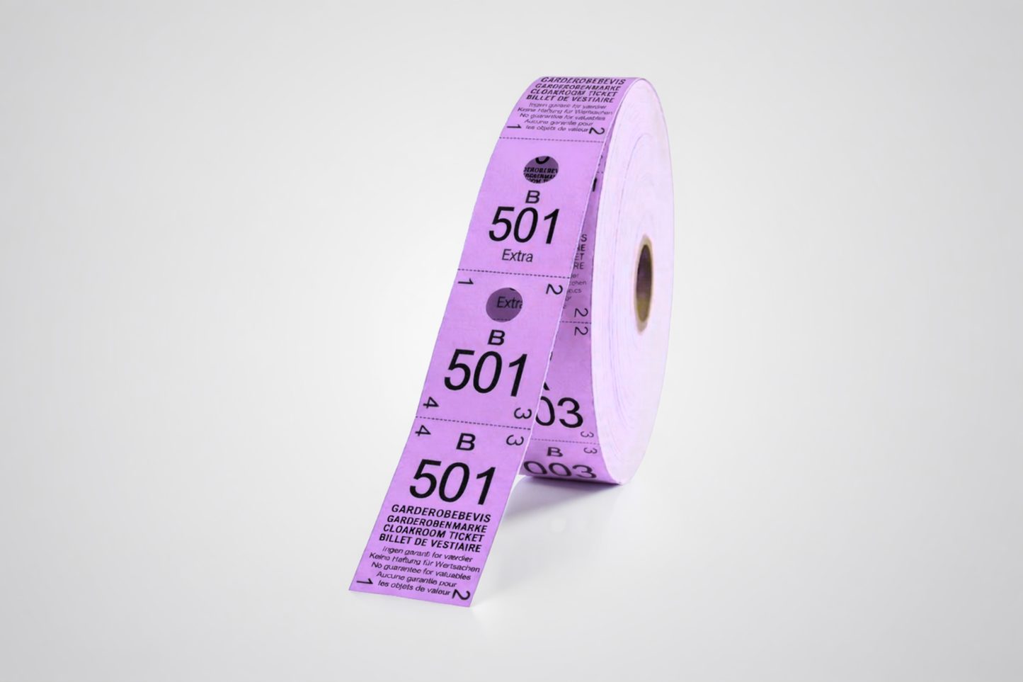 Cloakroom tickets 3-parts in purple color 500 pieces.