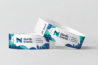 Kaks paberkäepaela täisvärvilise sinakasrohelise ürituse logoga