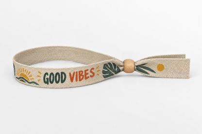 Beige cotton wristband with colourful Good Vibes print