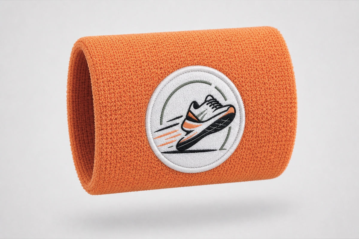 Orange sweatband with embroidered running shoe logo – custom sweatband with logo from JM Band®