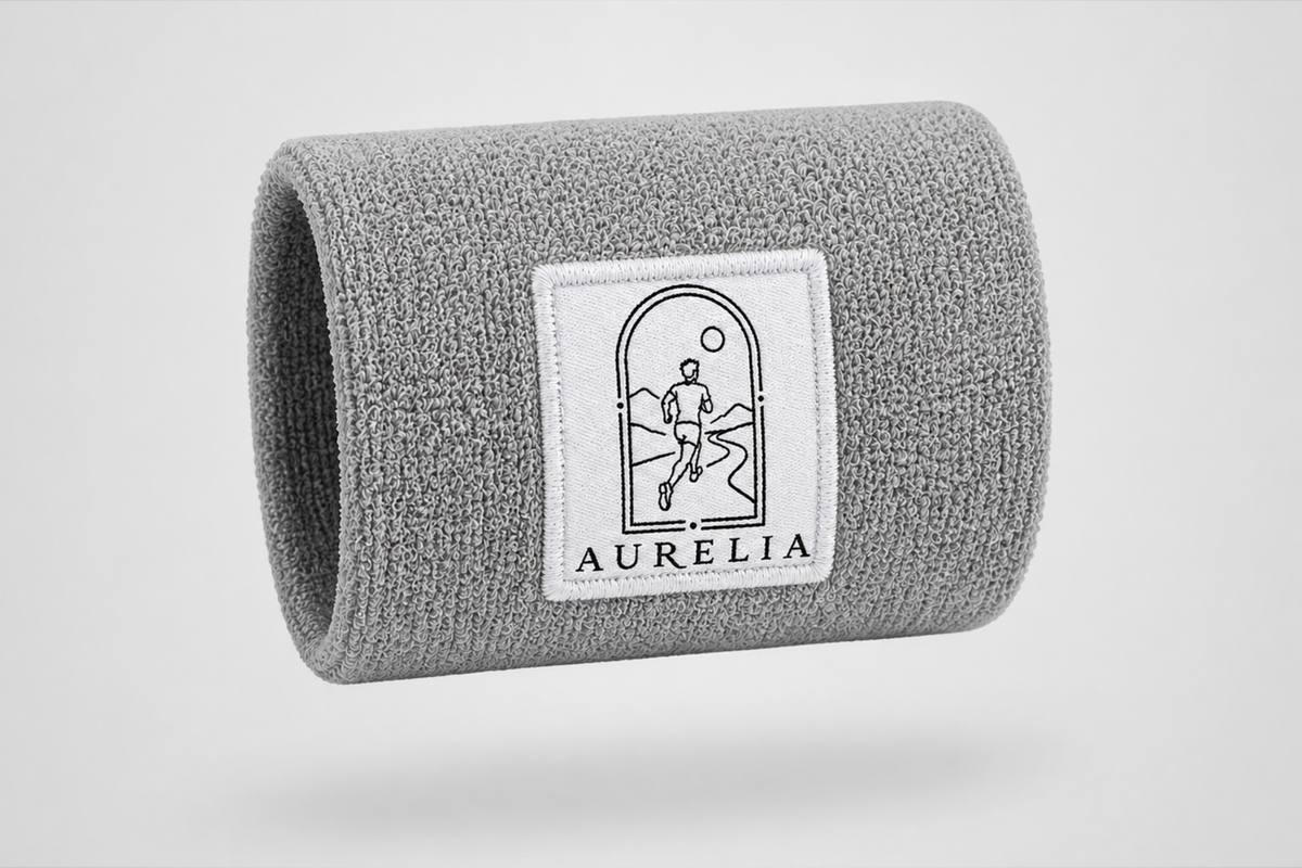 Grey sweatband with embroidered running logo and text – custom sweatband from JM Band®