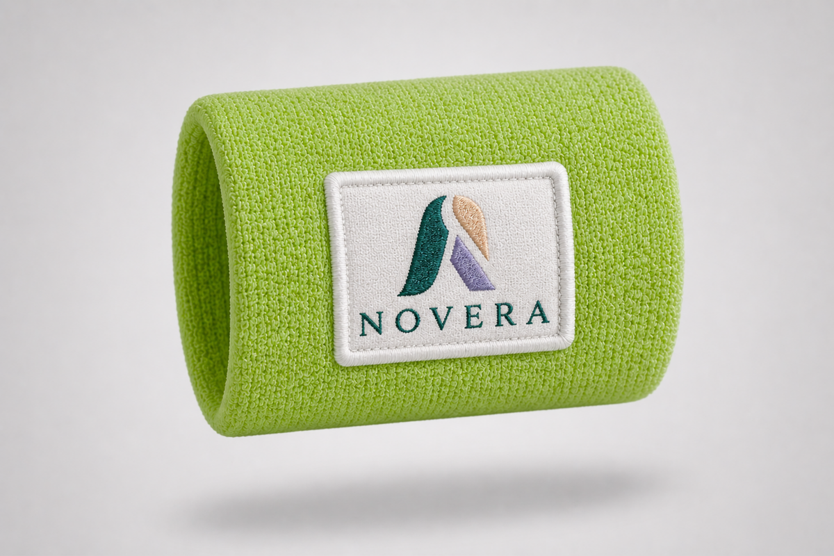 Green sweatband with embroidered logo and text – personalised sweatband from JM Band®