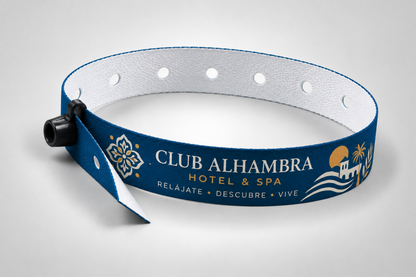 Blue fabric wristband with snap lock and printed hotel logo