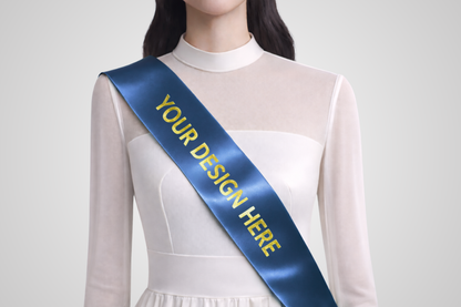 Custom design eco-satin sash in blue from JM Band®.