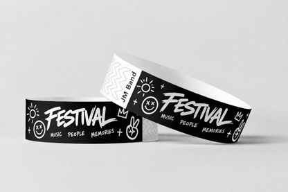Kaks musta paberkäepaela valge festivalitrükiga