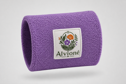 Purple sweatband with embroidered floral logo and text – sweatband with custom logo from JM Band®
