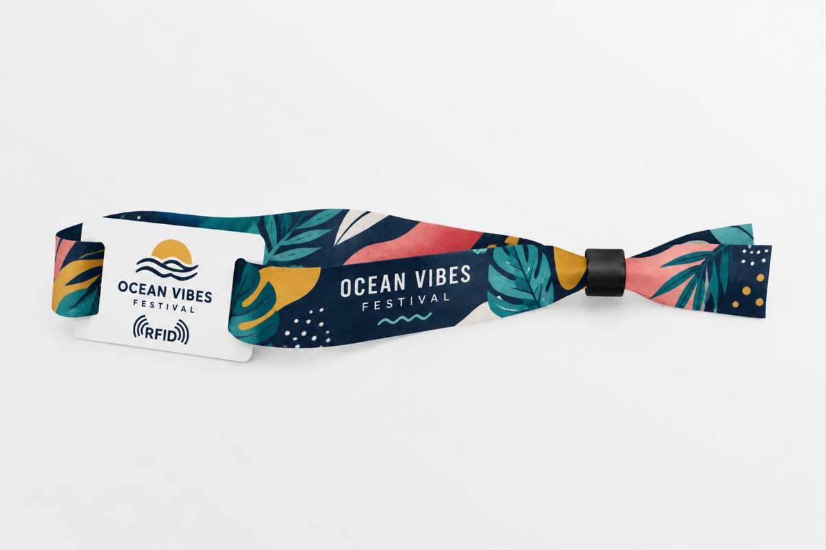 RFID platnena narukvica od rPET-a sa šarenim otiskom tropskog festivala