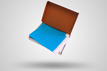 O fotografie cu cutie de brățări din hârtie, 1000 de bucăți - Material simplu de la JM Band®. Cumpărați brățări din hârtie albastre aici.